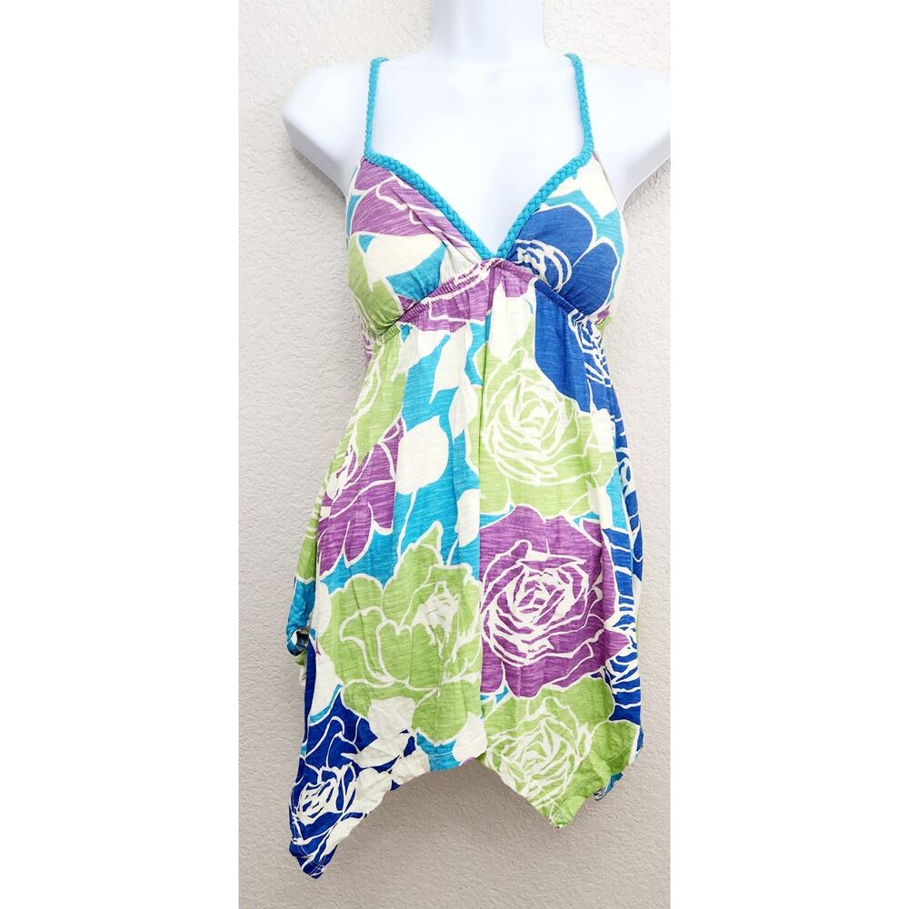 Derek Heart Blue Green Purple Floral Print Braided Spaghetti Strap Top Small